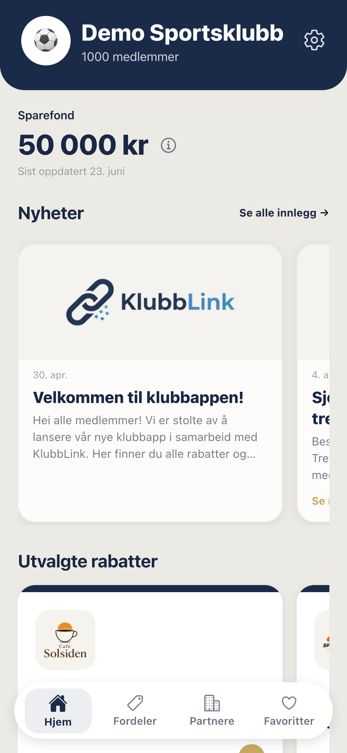 Hjem-skjermen i KlubbLink
